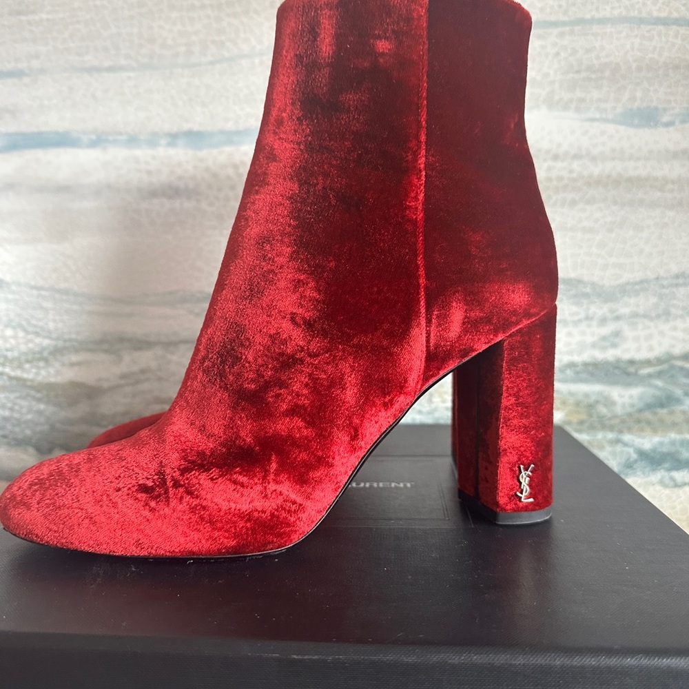 Saint Laurent Red Velvet Ankle Boots - Picture 4 of 13